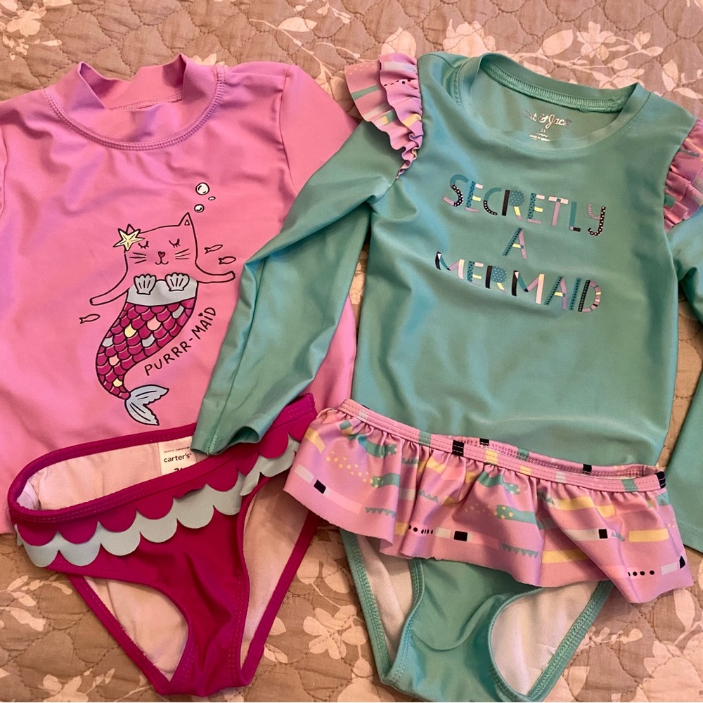 TWO Rash Guard Swimsuits 3T Carter’s Cat and Jack LIKE NEW Mermaid 🧜‍♀️ Cat 🐱
